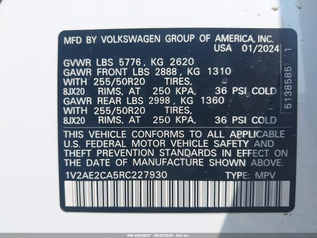 43045827 :رقم المزاد ، 1V2AE2CA5RC227930 vin ، 2024 Volkswagen Atlas Cross Sport 2.0t Sel R-line مزاد بيع