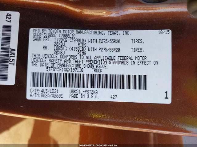 5TFGY5F1XGX197118 Toyota 3ur-fe