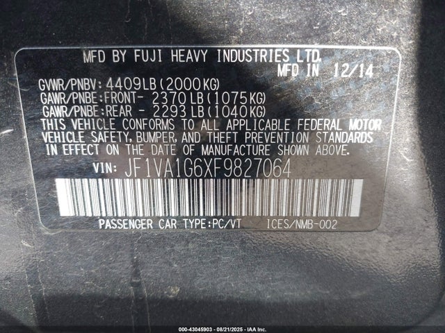 JF1VA1G6XF9827064 Subaru dib turbo