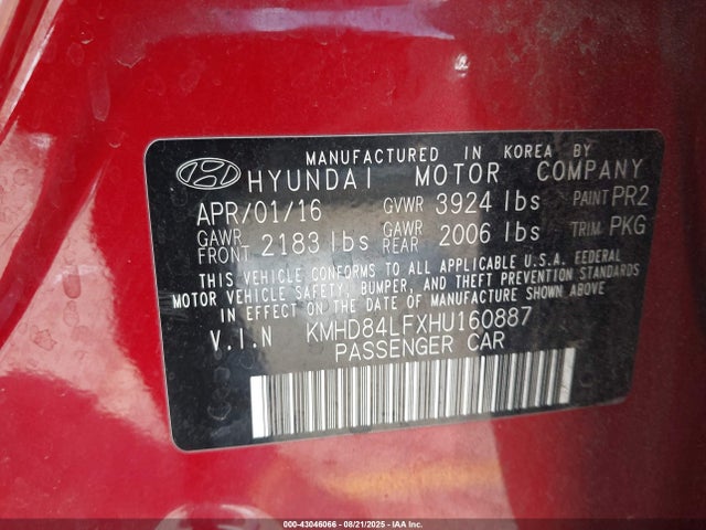 KMHD84LFXHU160887 Hyundai Elantra