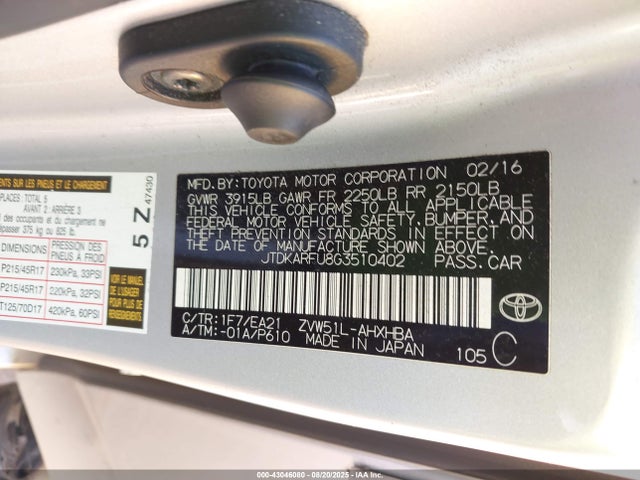 Toyota 2zr-fxe,1nm 2016 JTDKARFU8G3510402 Image 9