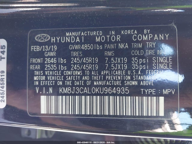 KM8J3CAL0KU964935 Hyundai gdi theta ii