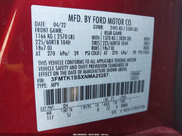3FMTK1SSXNMA25287 Ford Mustang Mach-E