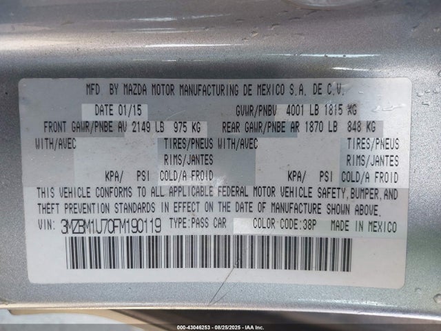 3MZBM1U70FM190119 Mazda pe