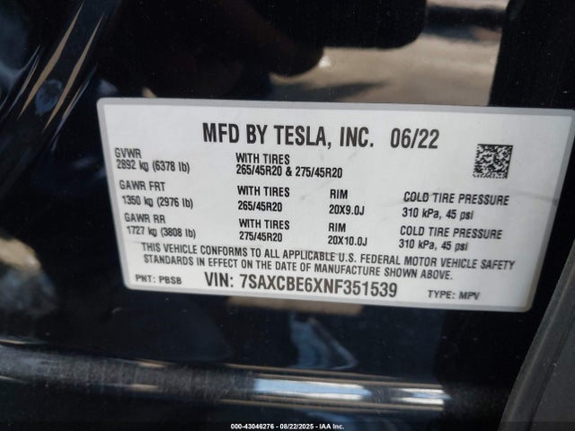 2022 TESLA MODEL X 7SAXCBE6XNF351539 Photo 8