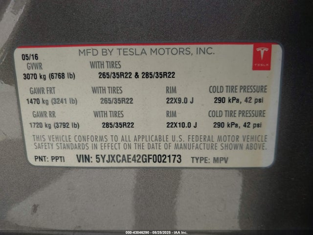 2016 TESLA MODEL X 5YJXCAE42GF002173 Photo 8