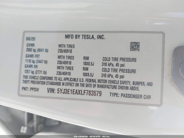 2020 TESLA MODEL 3 5YJ3E1EAXLF783579 Photo 8