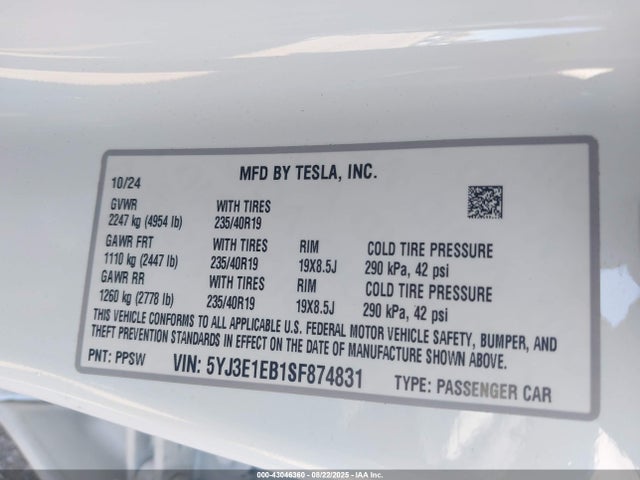 2025 TESLA MODEL 3 5YJ3E1EB1SF874831 Photo 8