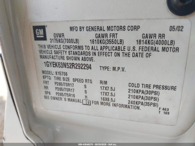 2002 CADILLAC ESCALADE 1GYEK63N52R292294 Photo 8