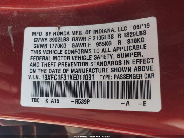 Honda l15b7/l15by 2019 19XFC1F31KE011091 Image 9
