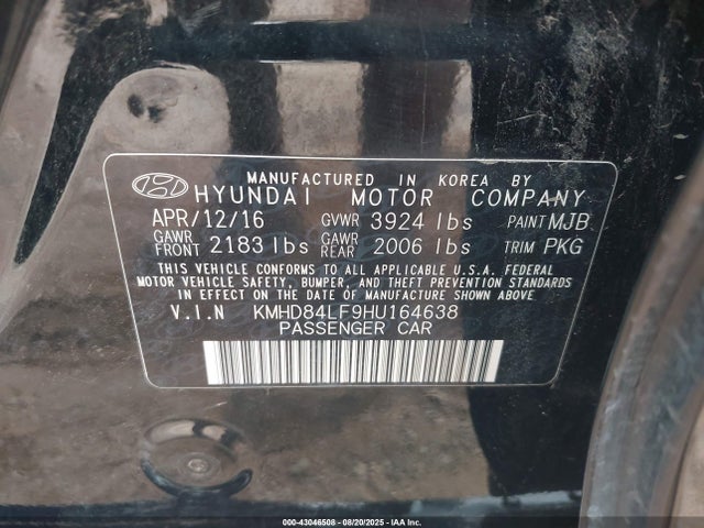 KMHD84LF9HU164638 Hyundai Elantra
