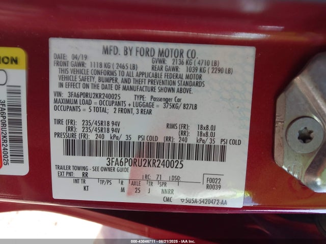 Ford Fusion 2019 3FA6P0RU2KR240025 Image 9