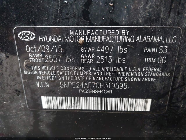 Aukcja sprzedaży 2016 Hyundai Sonata Se, vin: 5NPE24AF7GH319595, numer aukcji: 43046723