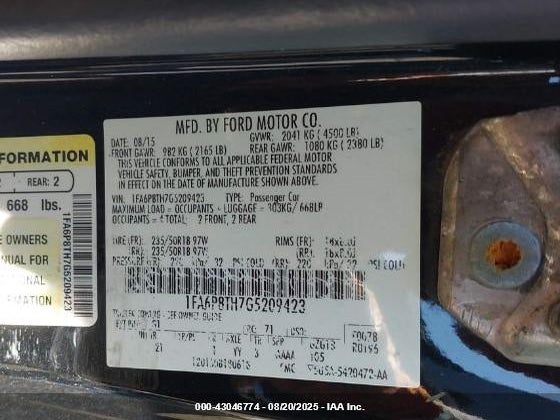 Ford Mustang Ecoboost 2016 1FA6P8TH7G5209423 Image 9