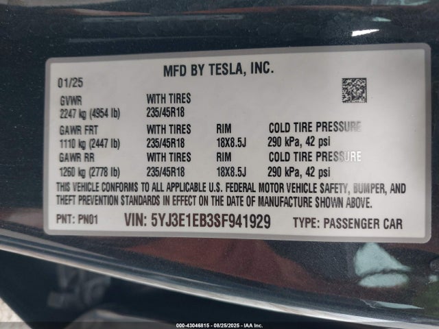 2025 TESLA MODEL 3 5YJ3E1EB3SF941929 Photo 8
