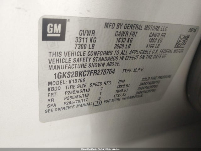 Продаж на аукціоні авто 2015 Gmc Yukon Slt, vin: 1GKS2BKC7FR278764, номер лоту: 43046844