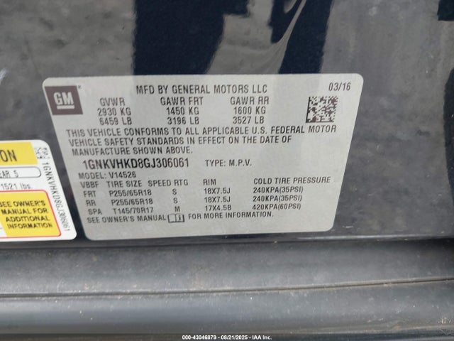 1GNKVHKD8GJ306061 Chevrolet llt - sidi, alum, 60 degrees