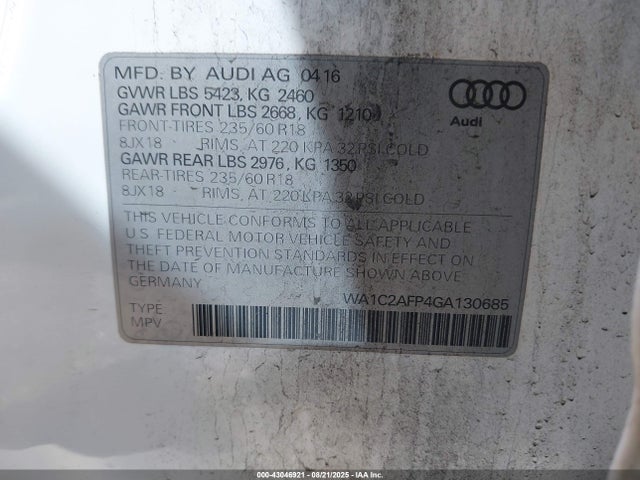 WA1C2AFP4GA130685 Audi flex fuel - e85