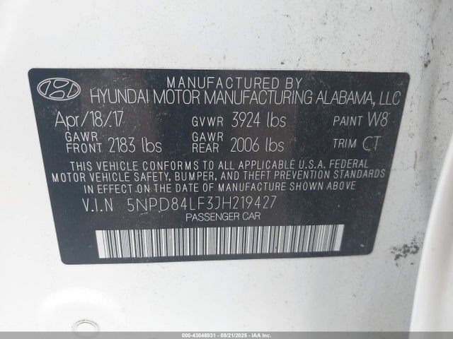5NPD84LF3JH219427 Hyundai mpi nu