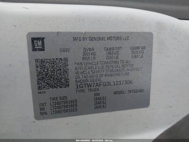 Продаж на аукціоні авто 2020 Gmc Savana Cargo Rwd 2500 Regular Wheelbase Work Van, vin: 1GTW7AFG3L1237306, номер лоту: 43046952