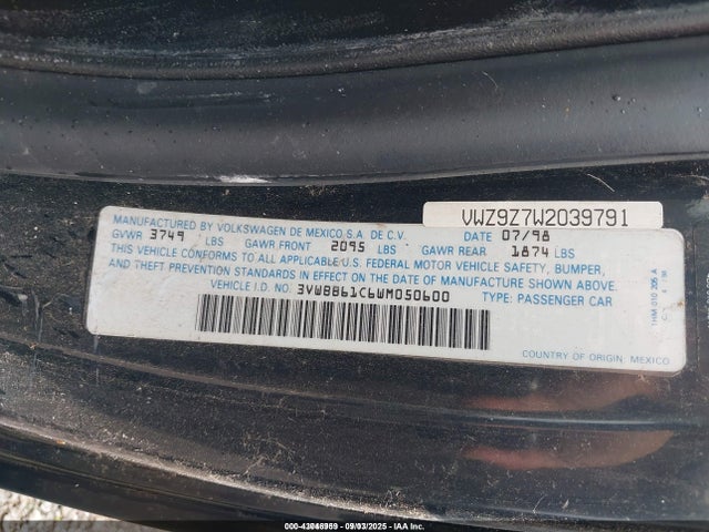 Aukcja sprzedaży 1998 Volkswagen New Beetle, vin: 3VWBB61C6WM050600, numer aukcji: 43046959