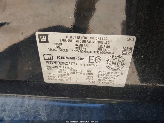 1GTV2UECXFZ251767 GMC l83 - vvt, active fuel management, aluminum
