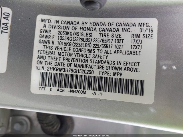 43047284 :رقم المزاد ، 2HKRM3H79GH520290 vin ، 2016 Honda Cr-v Ex-l مزاد بيع