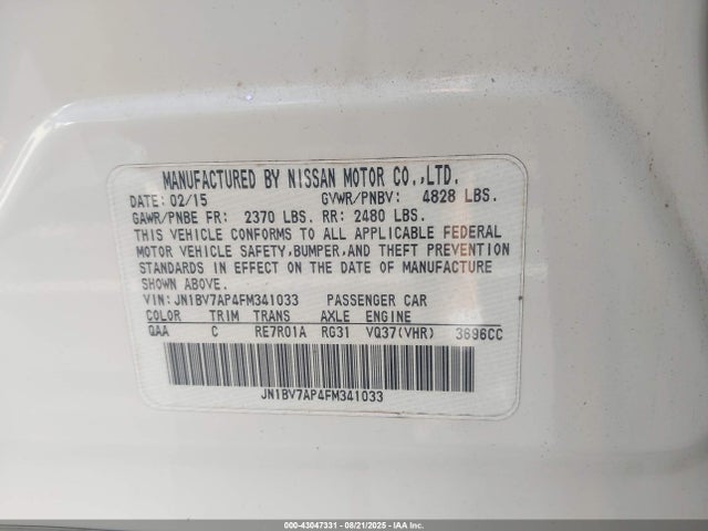 Aukcja sprzedaży 2015 Infiniti Q50 Premium, vin: JN1BV7AP4FM341033, numer aukcji: 43047331