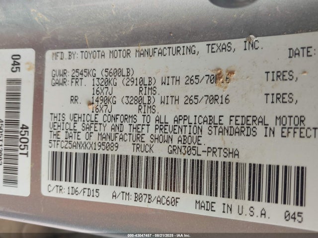 5TFCZ5ANXKX195089 Toyota 2gr-fks