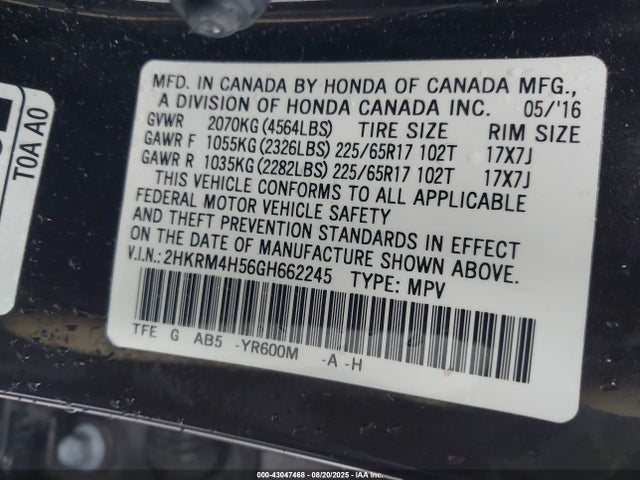 Honda k24w9 2016 2HKRM4H56GH662245 Image 9