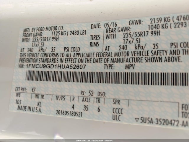 1FMCU9GD1HUA52607 Ford gtdi sigma w/premium fuel