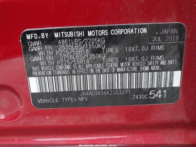 2019 MITSUBISHI OUTLANDER JA4AD3A36KZ003271 Photo 8
