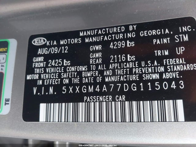 Aukcja sprzedaży 2013 Kia Optima Lx, vin: 5XXGM4A77DG115043, numer aukcji: 43047987