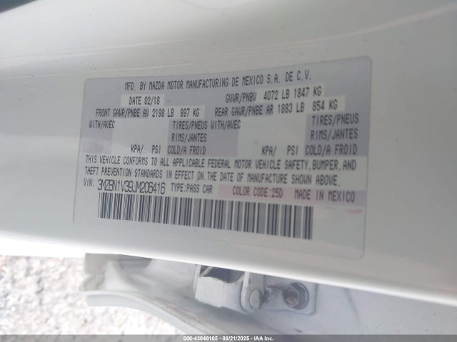 43048105 :رقم المزاد ، 3MZBN1V39JM206416 vin ، 2018 Mazda Mazda3 Touring مزاد بيع