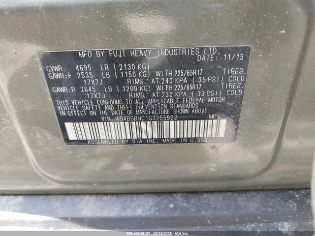 43048137 :رقم المزاد ، 4S4BSBHC1G3255922 vin ، 2016 Subaru Outback 2.5i Premium مزاد بيع