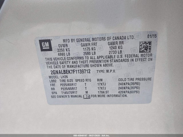 2GNALBEK7F1139712 Chevrolet lea - flex fuel (gas/alc), aluminum, ho,