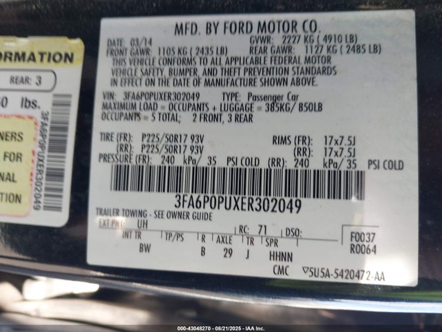 43048270 :رقم المزاد ، 3FA6P0PUXER302049 vin ، 2014 Ford Fusion Energi Se Luxury مزاد بيع