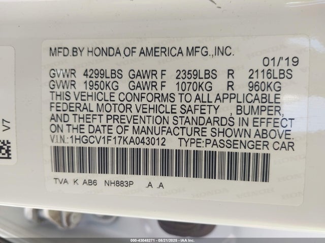 Honda l15be 2019 1HGCV1F17KA043012 Image 9