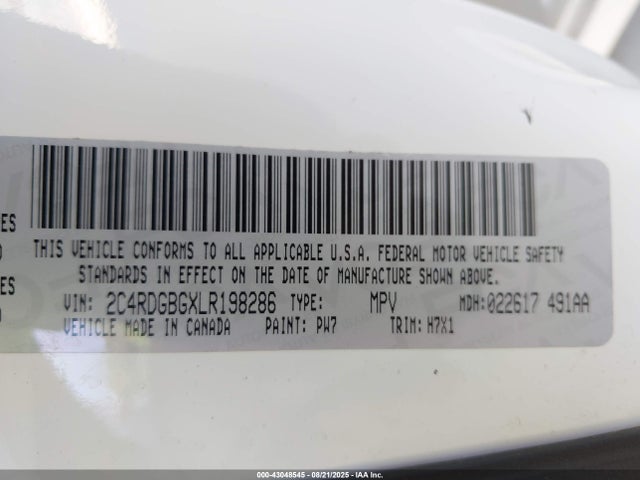 43048545 :رقم المزاد ، 2C4RDGBGXLR198286 vin ، 2020 Dodge Grand Caravan Se مزاد بيع