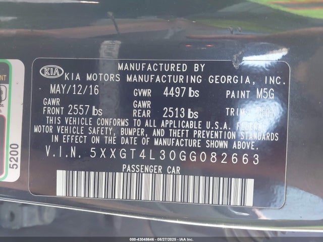 5XXGT4L30GG082663 KIA t-gdi theta ii