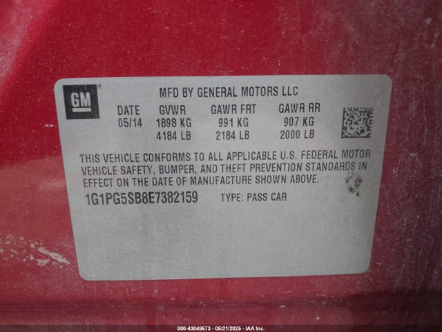 Aukcja sprzedaży 2014 Chevrolet Cruze Ltz, vin: 1G1PG5SB8E7382159, numer aukcji: 43048673