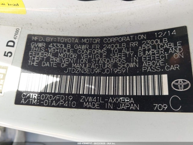 Toyota 2zr-fxe+5jm 2015 JTDZN3EU9FJ019591 Image 9