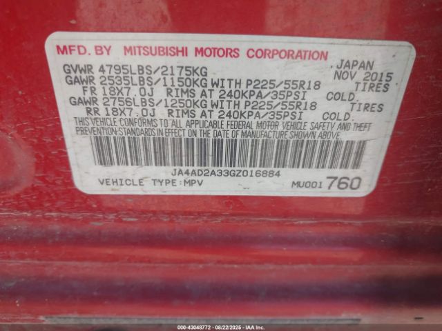 2016 MITSUBISHI OUTLANDER JA4AD2A33GZ016884 Photo 8