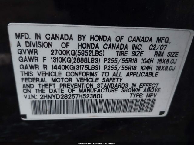 2007 ACURA MDX 2HNYD28257H523801 Photo 8