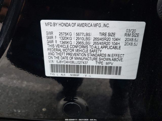 2020 ACURA MDX 5J8YD4H08LL027437 Photo 8