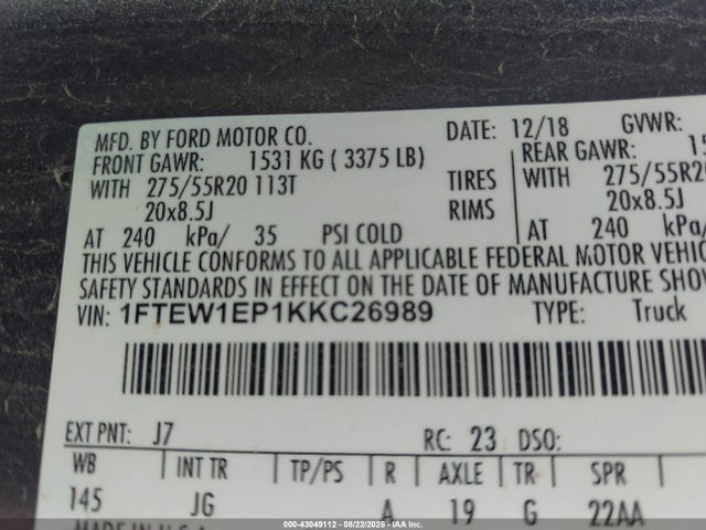 Aukcja sprzedaży 2019 Ford F-150 Xl, vin: 1FTEW1EP1KKC26989, numer aukcji: 43049112
