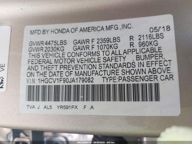 1HGCV1F90JA179082 Honda l15be
