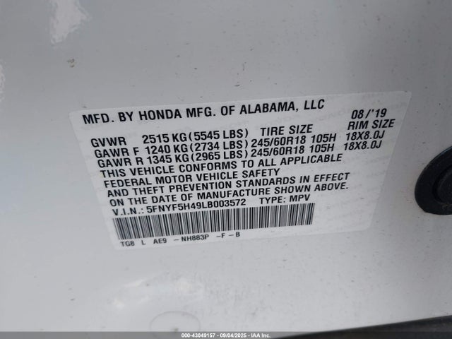 Honda j35y6 2020 5FNYF5H49LB003572 Image 9