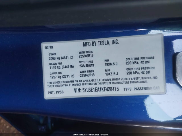 2019 TESLA MODEL 3 5YJ3E1EA1KF428475 Photo 8