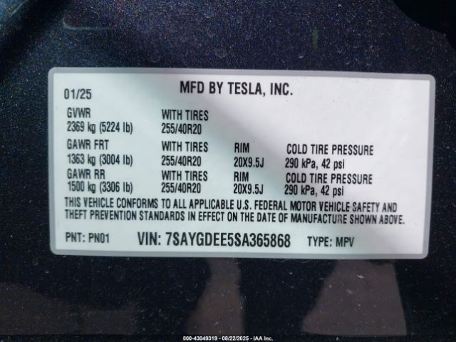 2025 TESLA MODEL Y 7SAYGDEE5SA365868 Photo 8
